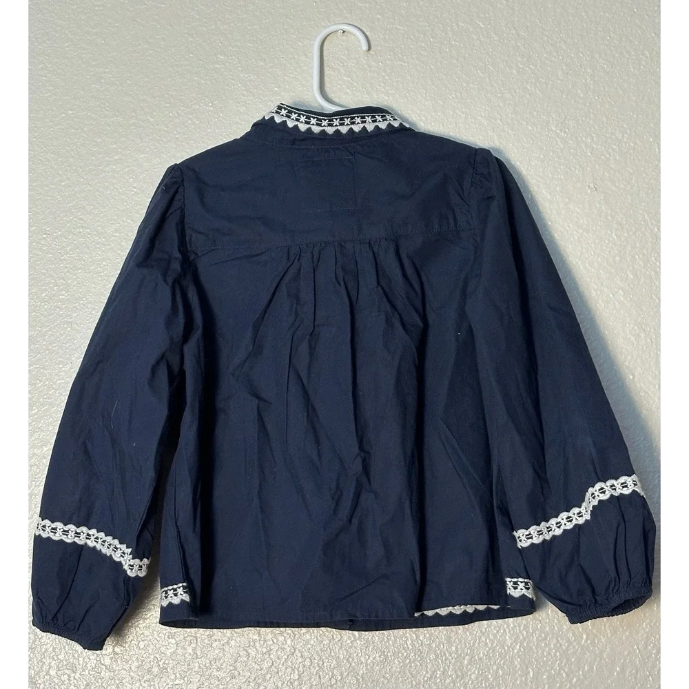 Zara Girls Embroidered Top Long Sleeve Elastic Wrists Button Up Size 7 Navy Blue